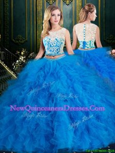 Scoop Sleeveless Tulle Quinceanera Dresses Lace and Ruffles Zipper