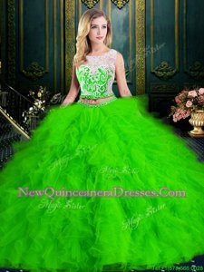 Customized Spring Green Quinceanera Gowns Military Ball and Sweet 16 and Quinceanera and For withLace and Ruffles Scoop Sleeveless Zipper