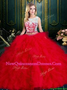 High Class Scoop Sleeveless Zipper Quince Ball Gowns Red Tulle