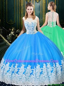 Pretty Scoop Sleeveless Floor Length Lace and Appliques Zipper Sweet 16 Quinceanera Dress with Baby Blue