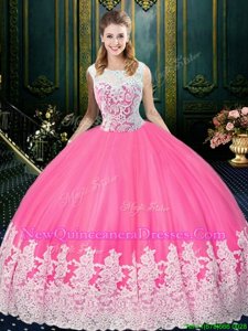 Glittering Rose Pink Zipper Scoop Lace and Appliques Sweet 16 Dress Tulle Sleeveless
