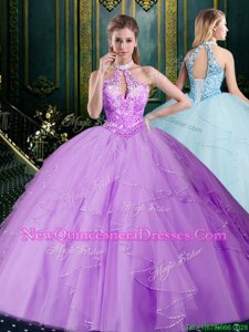 Halter Top Lavender Sleeveless Tulle Lace Up 15th Birthday Dress for Military Ball and Sweet 16 and Quinceanera