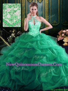 Clearance Halter Top Floor Length Lace Up Sweet 16 Dress Green and In for Military Ball and Sweet 16 and Quinceanera withBeading and Ruffles and Pick Ups