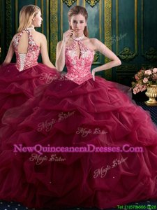 Sexy Halter Top Sleeveless Lace Up Floor Length Beading and Ruffles and Pick Ups Quinceanera Dresses