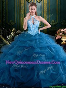 Halter Top Navy Blue Lace Up Ball Gown Prom Dress Beading and Pick Ups Sleeveless Floor Length