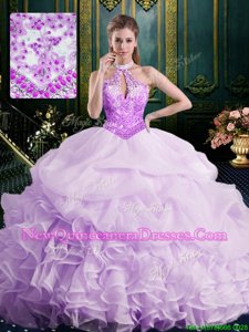 Romantic Pink 15th Birthday Dress Military Ball and Sweet 16 and Quinceanera and For withBeading and Lace and Appliques and Ruffles and Pick Ups Halter Top Sleeveless Brush Train Lace Up