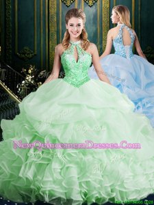 Delicate Spring Green Organza Lace Up Halter Top Sleeveless Quinceanera Dress Brush Train Beading and Lace and Appliques and Ruffles and Pick Ups