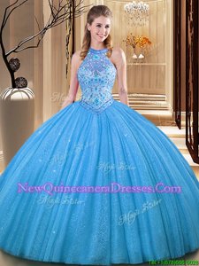 Ideal Ball Gowns Ball Gown Prom Dress Baby Blue High-neck Tulle Sleeveless Floor Length Backless