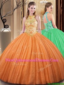 Enchanting Orange Backless High-neck Embroidery and Hand Made Flower Ball Gown Prom Dress Tulle Sleeveless