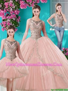Admirable Three Piece Scoop Peach Lace Up Sweet 16 Dresses Beading and Appliques Sleeveless Floor Length
