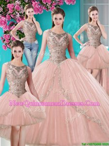 Classical Four Piece Scoop Beading and Appliques Quinceanera Dresses Peach Lace Up Sleeveless Floor Length