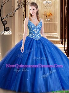 Perfect Floor Length Blue 15th Birthday Dress Spaghetti Straps Sleeveless Lace Up