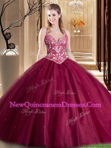 Modest Burgundy Vestidos de Quinceanera Military Ball and Sweet 16 and Quinceanera and For withBeading and Lace and Appliques Spaghetti Straps Sleeveless Lace Up