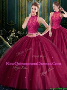 New Style Sleeveless Floor Length Beading and Lace Lace Up Vestidos de Quinceanera with Burgundy