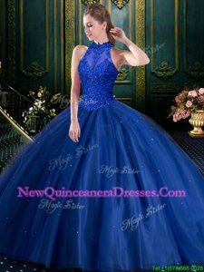 Fantastic High-neck Sleeveless Quinceanera Gown Floor Length Appliques Navy Blue Tulle