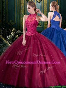 Hot Sale Burgundy Ball Gowns High-neck Sleeveless Tulle Floor Length Lace Up Appliques Ball Gown Prom Dress
