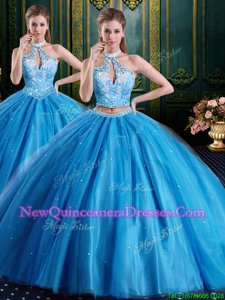 Low Price Floor Length Lace Up Quinceanera Gowns Baby Blue and In for Military Ball and Sweet 16 and Quinceanera withBeading and Appliques