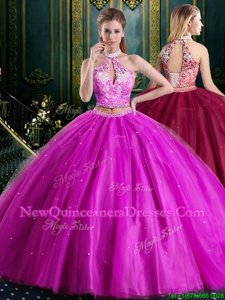 Simple Floor Length Fuchsia Sweet 16 Quinceanera Dress Halter Top Sleeveless Lace Up