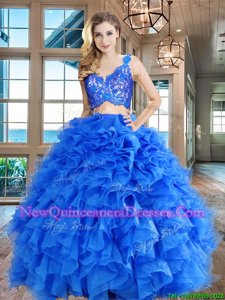 Blue Organza Zipper V-neck Sleeveless Floor Length Quinceanera Gown Lace and Ruffles