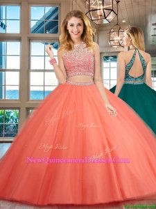 Sweet Watermelon Red Backless Scoop Beading Ball Gown Prom Dress Tulle Sleeveless
