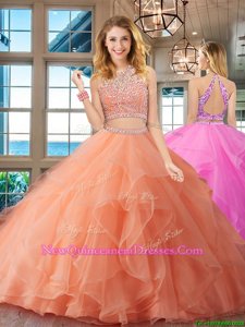 Spectacular Scoop Backless Spring and Summer and Fall and Winter Organza Sleeveless Floor Length Vestidos de Quinceanera andBeading and Ruffles