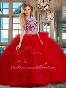 Free and Easy Red Quinceanera Dresses Military Ball and Sweet 16 and Quinceanera and For withBeading and Ruffles Scoop Sleeveless Backless