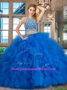 Comfortable Scoop Sleeveless Floor Length Beading and Ruffles Backless 15th Birthday Dress with Blue