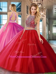 Amazing Scoop Sleeveless Backless 15th Birthday Dress Red Tulle