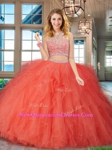 Scoop Beading and Ruffles 15 Quinceanera Dress Orange Red Backless Sleeveless Floor Length