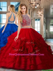 Superior Scoop Floor Length Backless Sweet 16 Dresses Red and In for Military Ball and Sweet 16 and Quinceanera withBeading and Ruffles