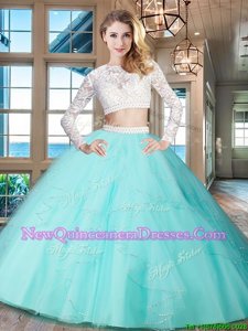 Charming Scoop Spring and Summer and Fall and Winter Tulle Long Sleeves Floor Length Sweet 16 Quinceanera Dress andBeading and Lace and Ruffles