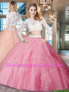 Shining Scoop Beading and Lace and Ruffles Ball Gown Prom Dress Rose Pink Zipper Long Sleeves Floor Length