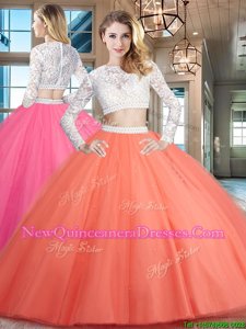 Spectacular Scoop Watermelon Red Zipper Quinceanera Dress Beading and Lace Long Sleeves Floor Length