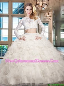 Pretty Scoop Long Sleeves Floor Length Beading and Lace and Ruffles Zipper Sweet 16 Quinceanera Dress with White