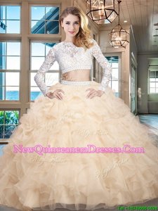 Glittering Champagne Zipper Scoop Beading and Lace and Ruffles Sweet 16 Dress Organza Long Sleeves
