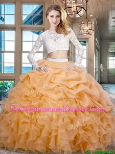 Scoop Gold Long Sleeves Organza Zipper 15th Birthday Dress for Military Ball and Sweet 16 and Quinceanera