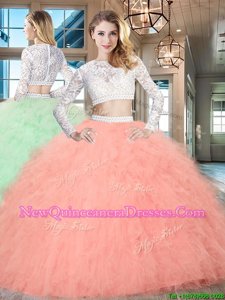 Scoop Long Sleeves Sweet 16 Quinceanera Dress Floor Length Beading and Lace and Ruffles Watermelon Red Tulle