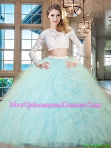 Clearance Scoop Long Sleeves Floor Length Zipper Sweet 16 Dress Light Blue and In for Military Ball and Sweet 16 and Quinceanera withBeading and Lace and Ruffles