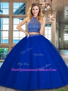 Modest Royal Blue Vestidos de Quinceanera Military Ball and Sweet 16 and Quinceanera and For withBeading Halter Top Sleeveless Backless