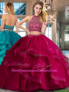Simple Fuchsia Sweet 16 Quinceanera Dress Halter Top Sleeveless Brush Train Backless