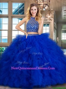Nice Royal Blue Quinceanera Dress Military Ball and Sweet 16 and Quinceanera and For withBeading and Ruffles Halter Top Sleeveless Brush Train Backless