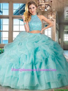 Halter Top Beading and Ruffled Layers and Pick Ups Quinceanera Gown Aqua Blue Backless Sleeveless Brush Train