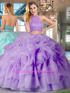 Custom Fit Pick Ups Ruffled Halter Top Sleeveless Brush Train Backless Quince Ball Gowns Lavender Organza