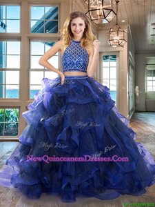 Pretty Halter Top Sleeveless Tulle Brush Train Backless Quinceanera Gowns inRoyal Blue withBeading and Ruffles
