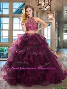 Latest Halter Top Backless Quinceanera Gown Dark Purple and In for Military Ball and Sweet 16 and Quinceanera withBeading and Ruffles Brush Train