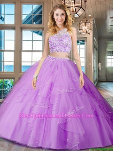 Sexy Scoop Sleeveless Tulle Floor Length Backless Sweet 16 Dress inLilac withBeading and Ruffles