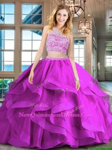 Scoop With Train Backless 15 Quinceanera Dress Fuchsia and In for Military Ball and Sweet 16 and Quinceanera withBeading and Ruffles Brush Train
