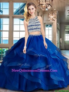 Glorious Scoop Backless Spring and Summer and Fall and Winter Tulle Sleeveless With Train Sweet 16 Dresses Brush Train andBeading and Ruffles