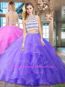 Most Popular Scoop Lavender Backless Sweet 16 Dress Beading and Ruffles Sleeveless With Brush Train