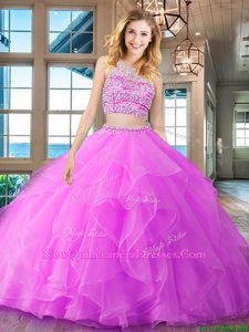 Excellent Scoop Sleeveless Organza Quinceanera Gown Beading and Ruffles Brush Train Backless